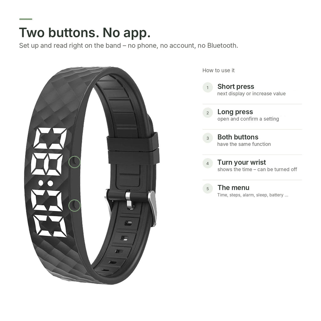 Brynk Wake band with two buttons next to the LED display – operate it without an app