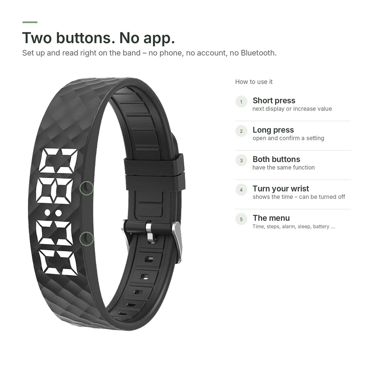 Brynk Wake band with two buttons next to the LED display – operate it without an app