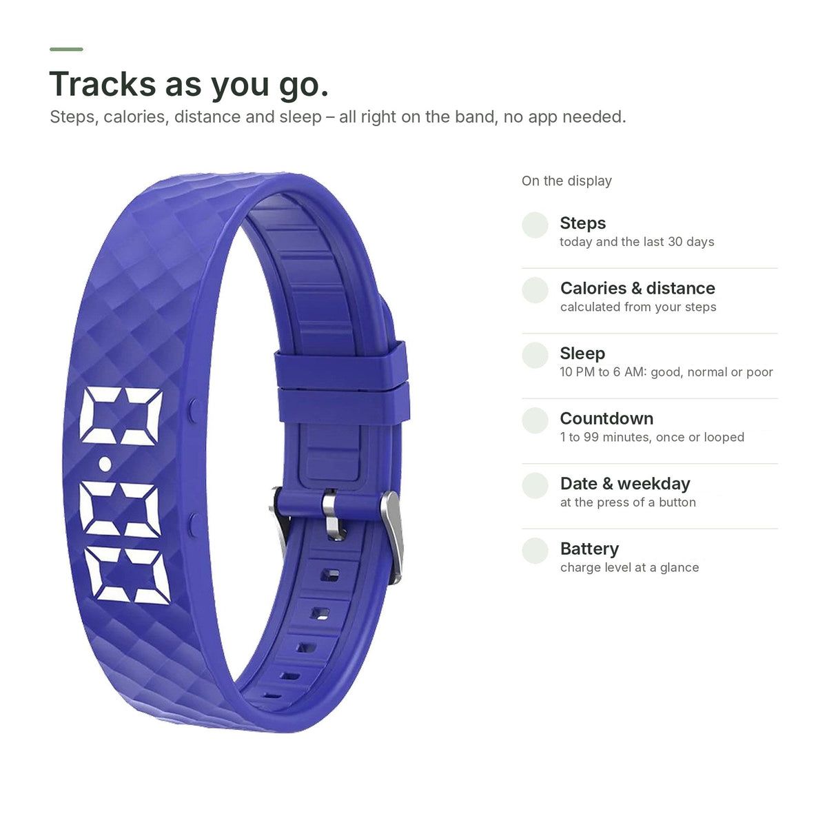 Brynk Wake display readouts: steps, calories, distance, sleep, countdown, date and battery