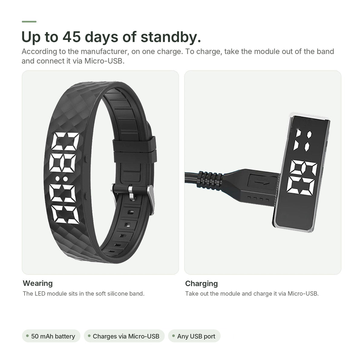 Brynk Wake battery: up to 45 days of standby – take the LED module out of the band and charge it via Micro-USB