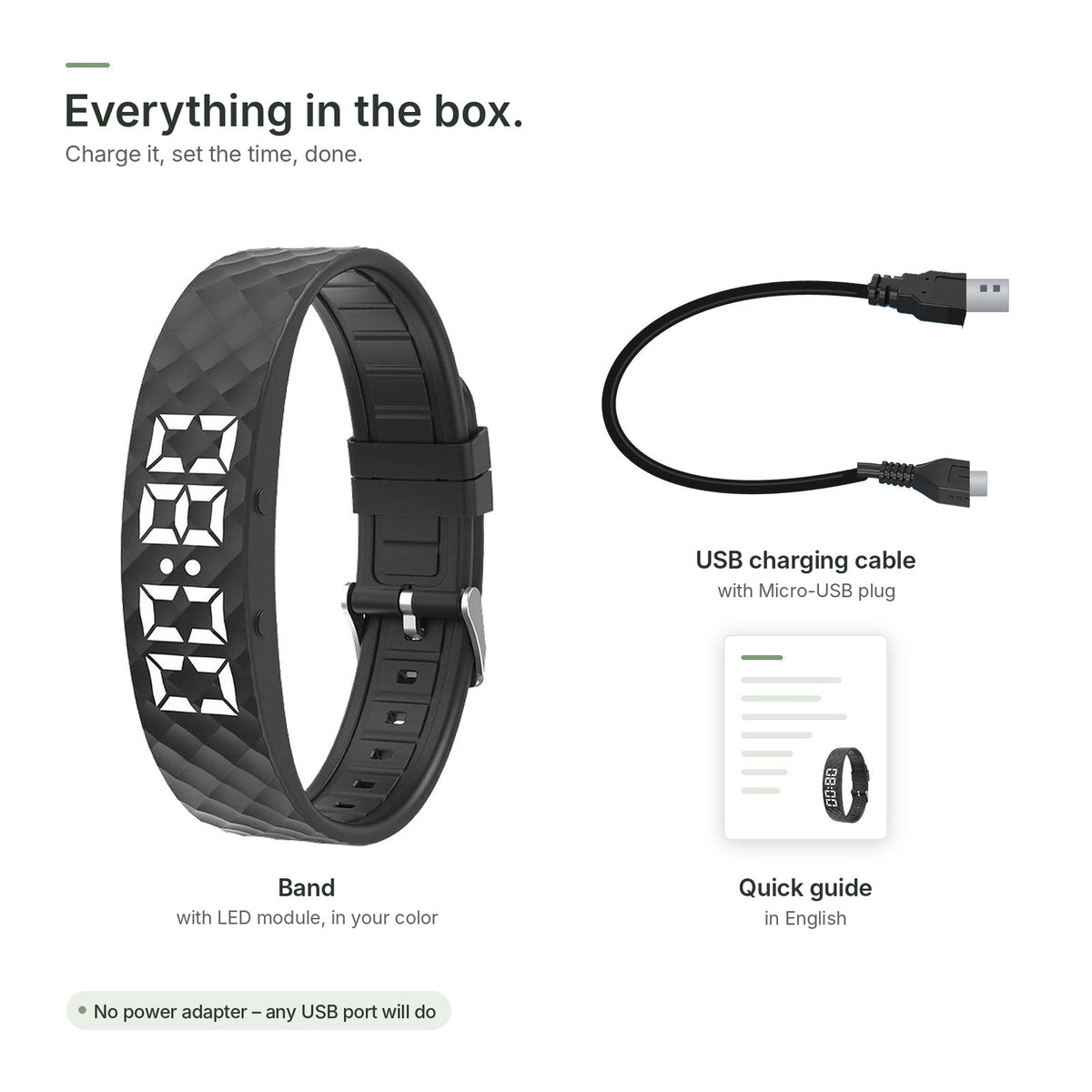 In the box of the Brynk Wake: wristband, USB charging cable with Micro-USB plug and quick guide in English