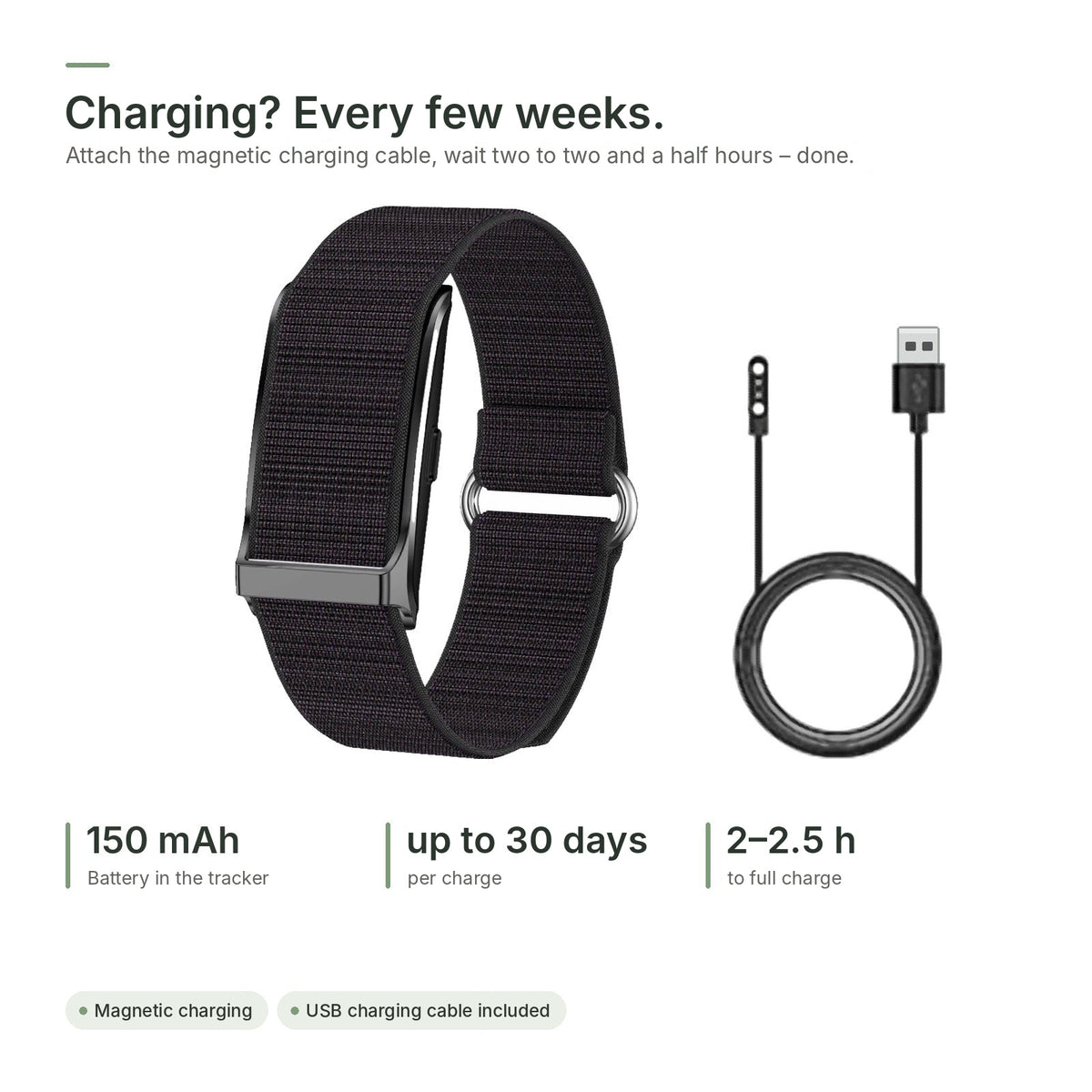 Battery up to 30 days, magnetic charging cable, 2 to 2.5 hours to charge