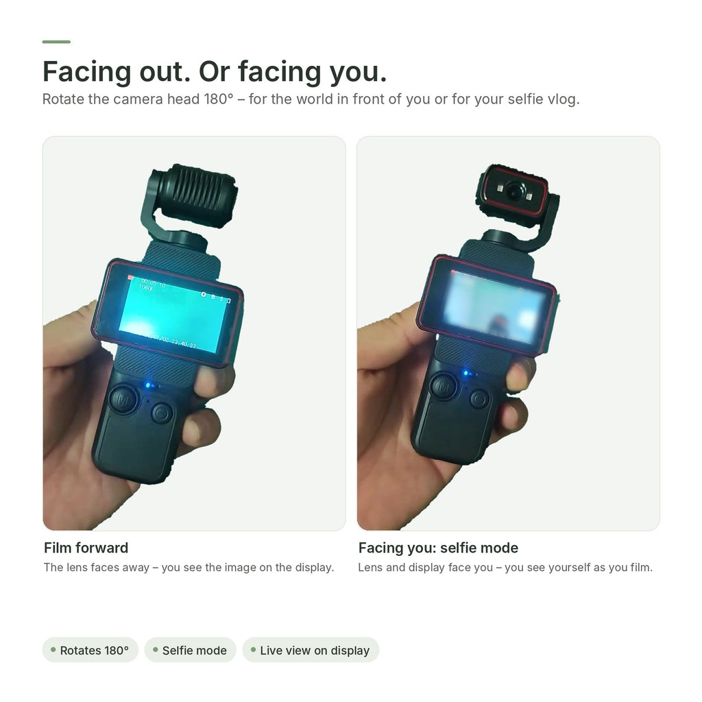 Brynk C3: camera head facing forward, or rotated toward you in selfie mode
