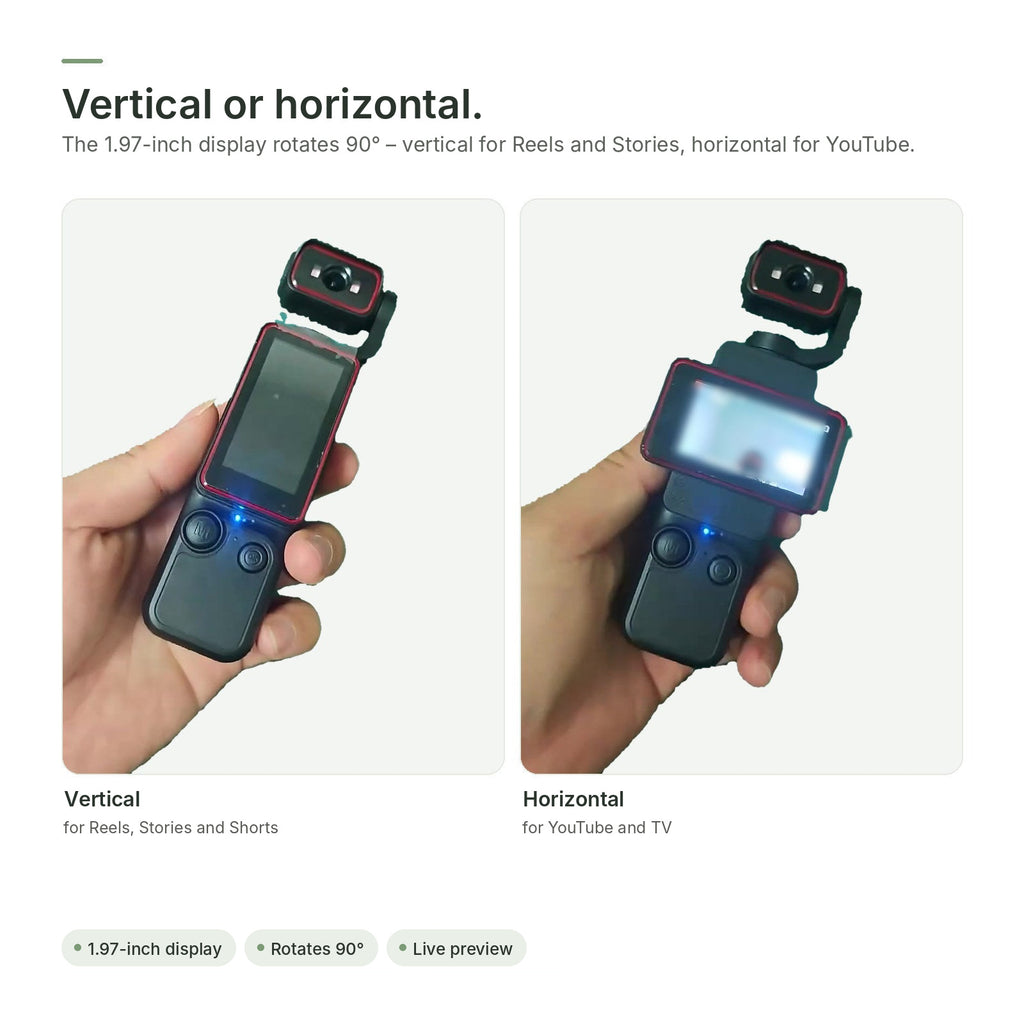Brynk C3: display held vertically for Reels or horizontally for YouTube