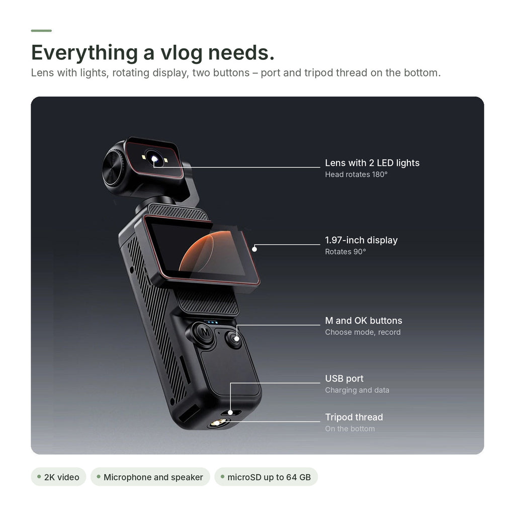 Brynk C3 in detail: lens with LED lights, display, buttons, USB port and tripod thread