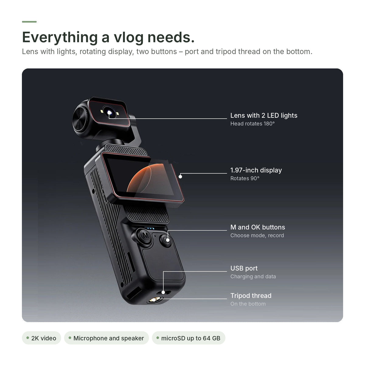 Brynk C3 in detail: lens with LED lights, display, buttons, USB port and tripod thread