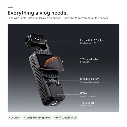 Brynk C3 in detail: lens with LED lights, display, buttons, USB port and tripod thread