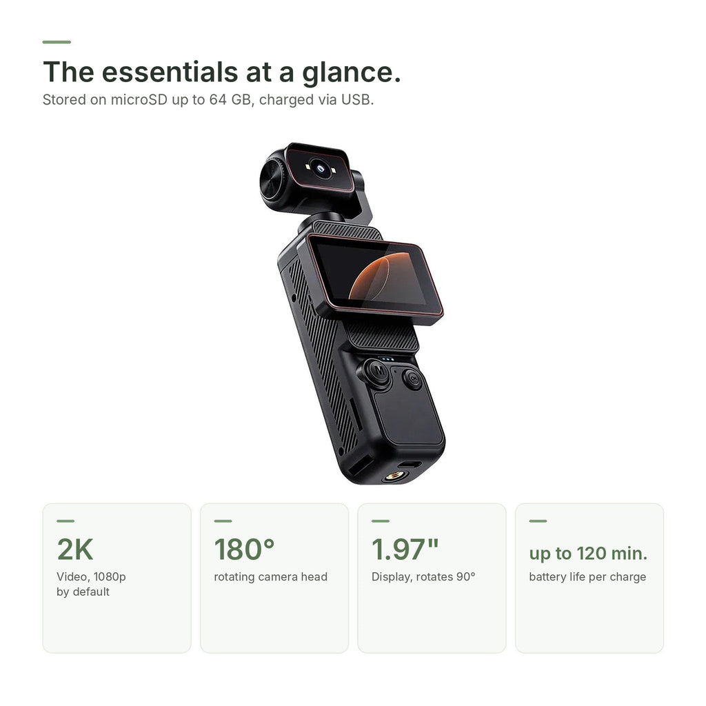 Brynk C3 at a glance: 2K video, 180° rotating head, 1.97-inch display, up to 120 minutes of battery life