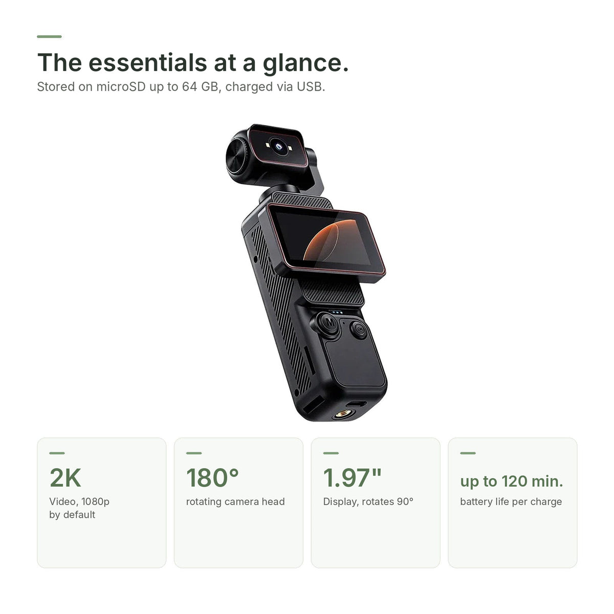 Brynk C3 at a glance: 2K video, 180° rotating head, 1.97-inch display, up to 120 minutes of battery life