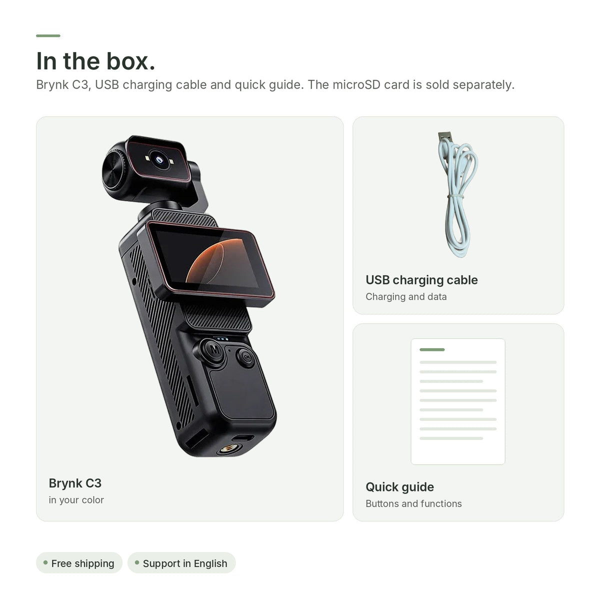 In the box: Brynk C3, USB charging cable and quick guide
