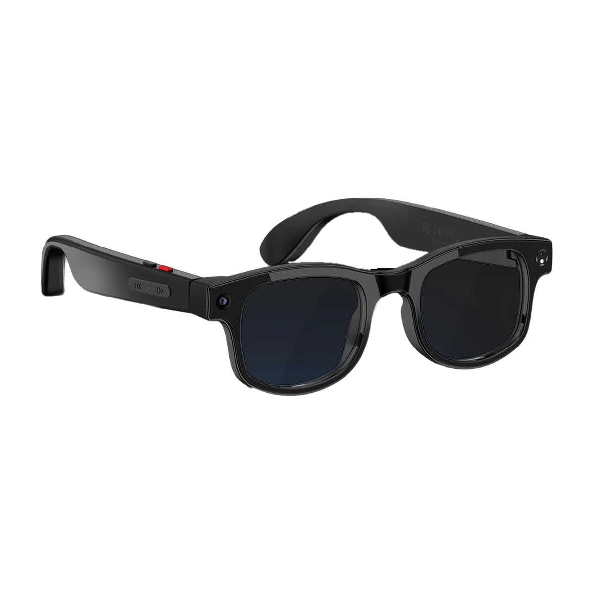 Brynk G5 self-tinting AI camera glasses in Black, three-quarter view with tinted lenses