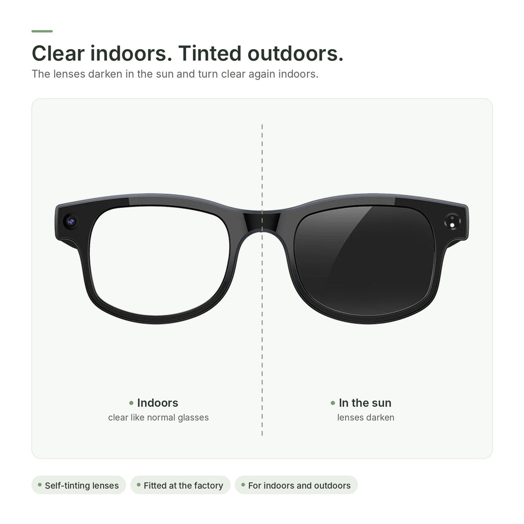 Self-tinting lenses: left clear like indoors, right tinted like in the sun
