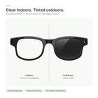 Self-tinting lenses: left clear like indoors, right tinted like in the sun
