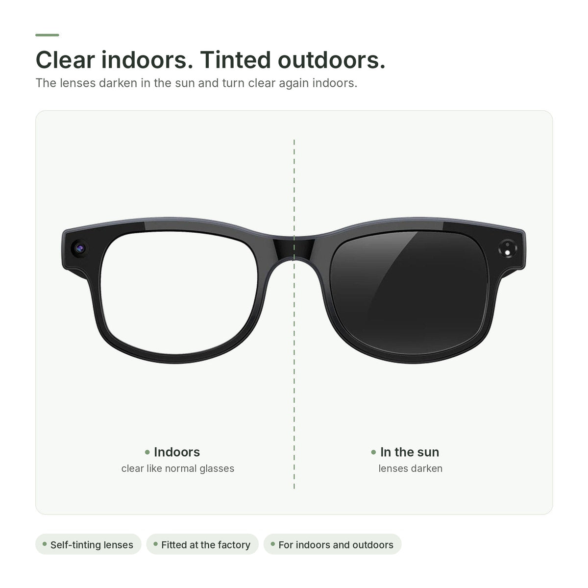 Self-tinting lenses: left clear like indoors, right tinted like in the sun