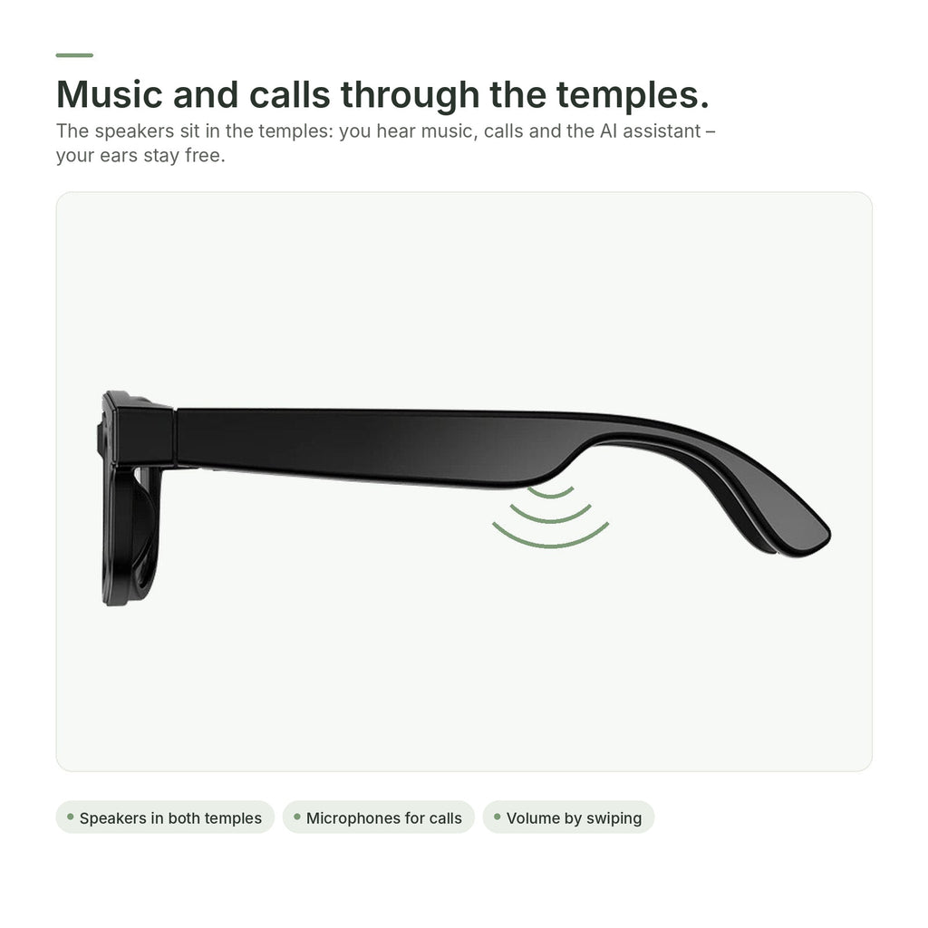 Speakers in the temples for music and calls, your ears stay free