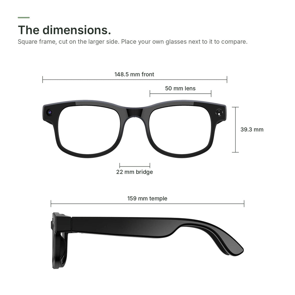 Brynk G5 dimensions: front 148.5 mm, lens 50 x 39.3 mm, bridge 22 mm, temple 159 mm