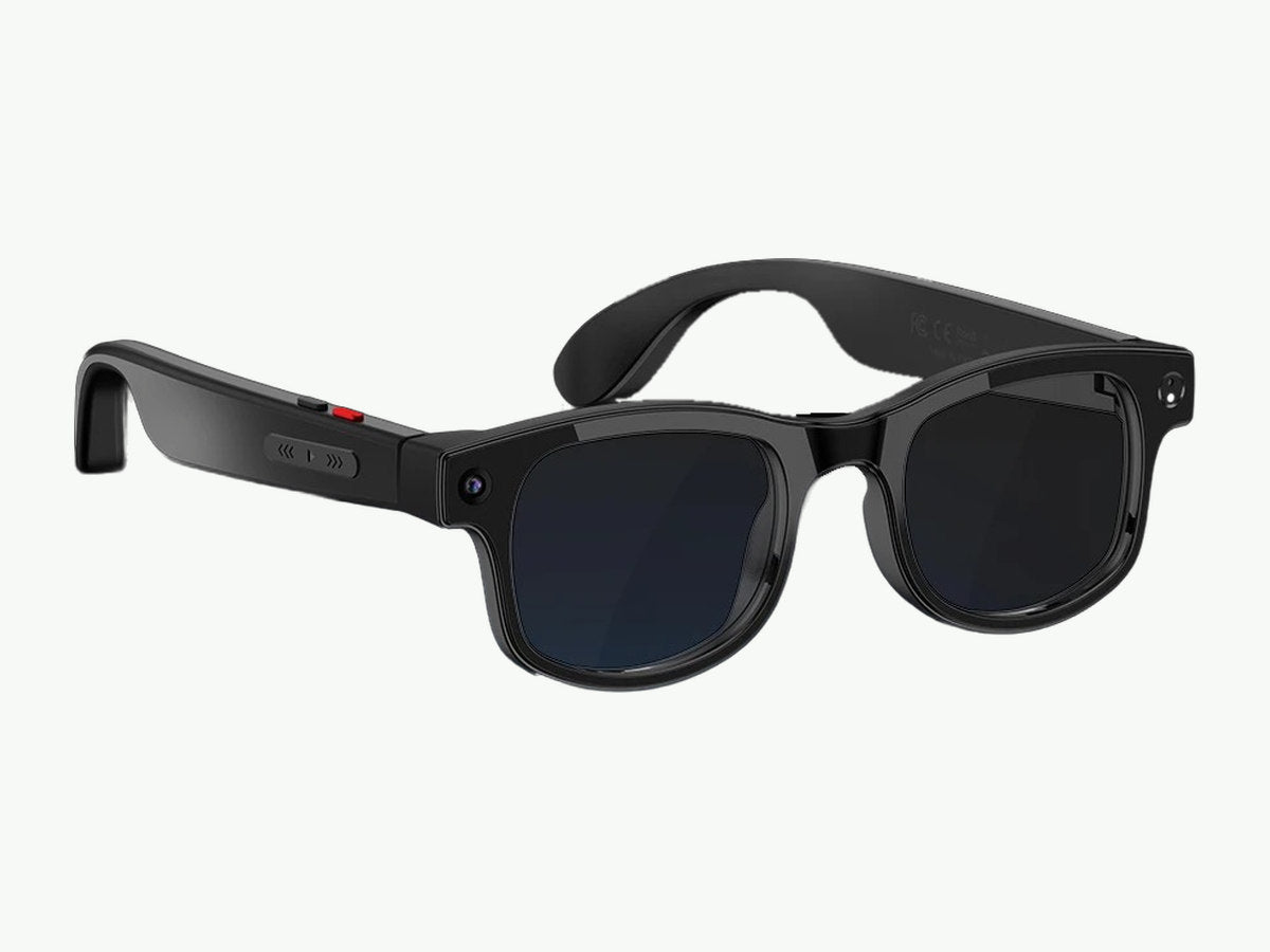 Square AI camera glasses in matte black, three-quarter view
