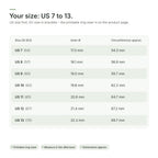 Brynk R3 size chart: sizes US 7 to 13 (EU 54 to 70)