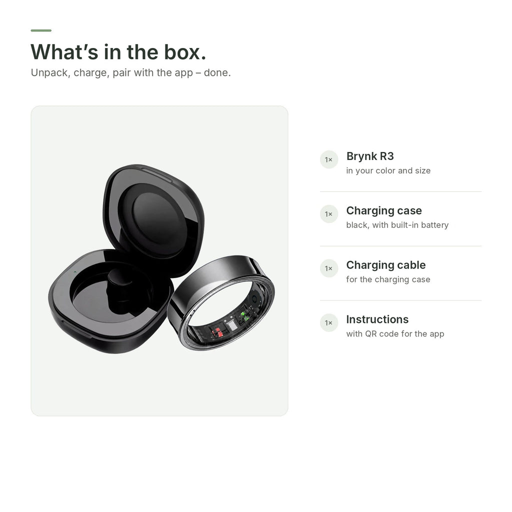 In the box: Brynk R3, charging case, charging cable and instructions