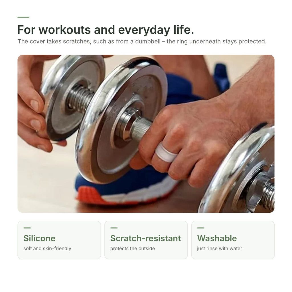 Smart ring with white silicone cover during dumbbell training
