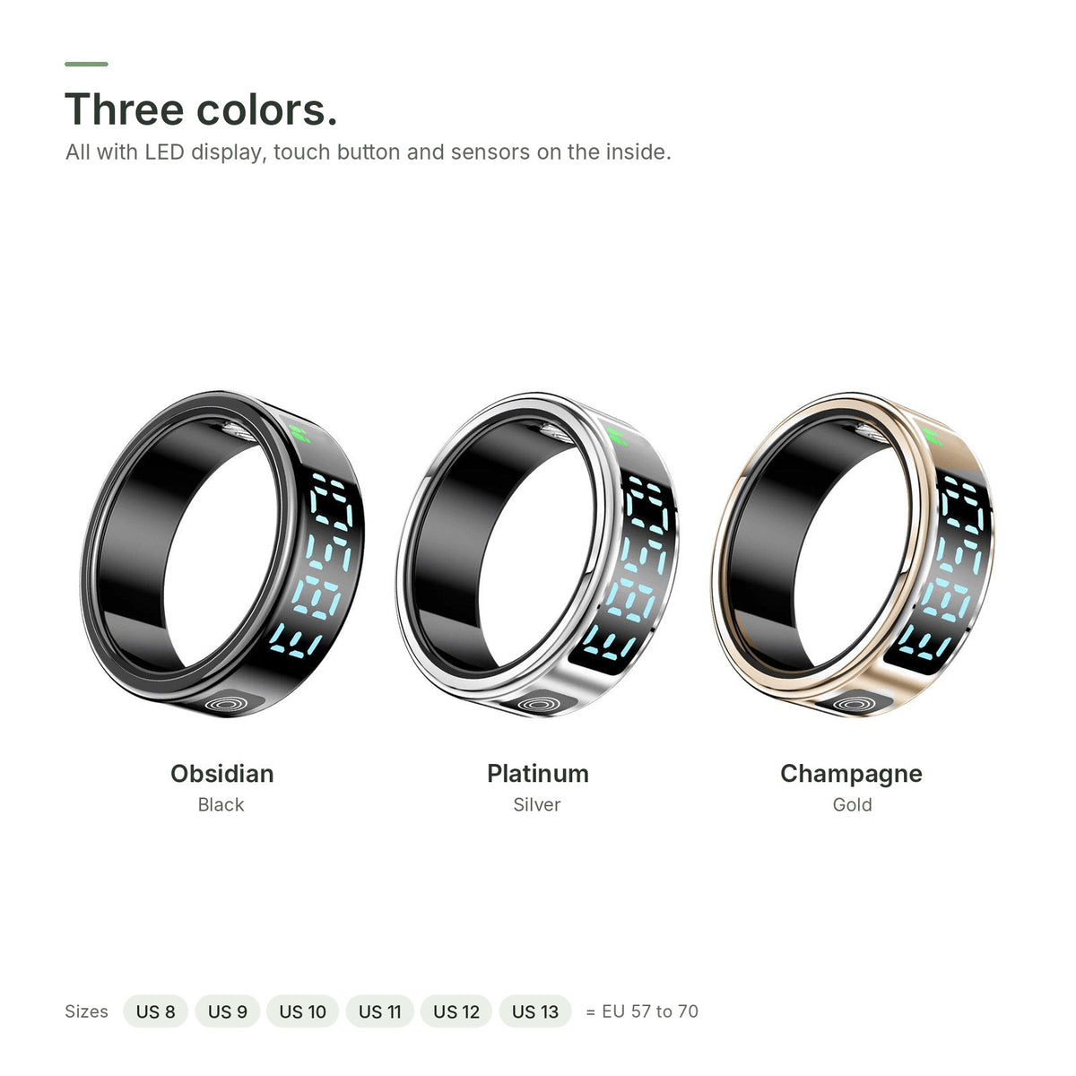 Brynk R5 Glow in Obsidian Black, Platinum Silver and Champagne Gold, sizes US 8 to 13