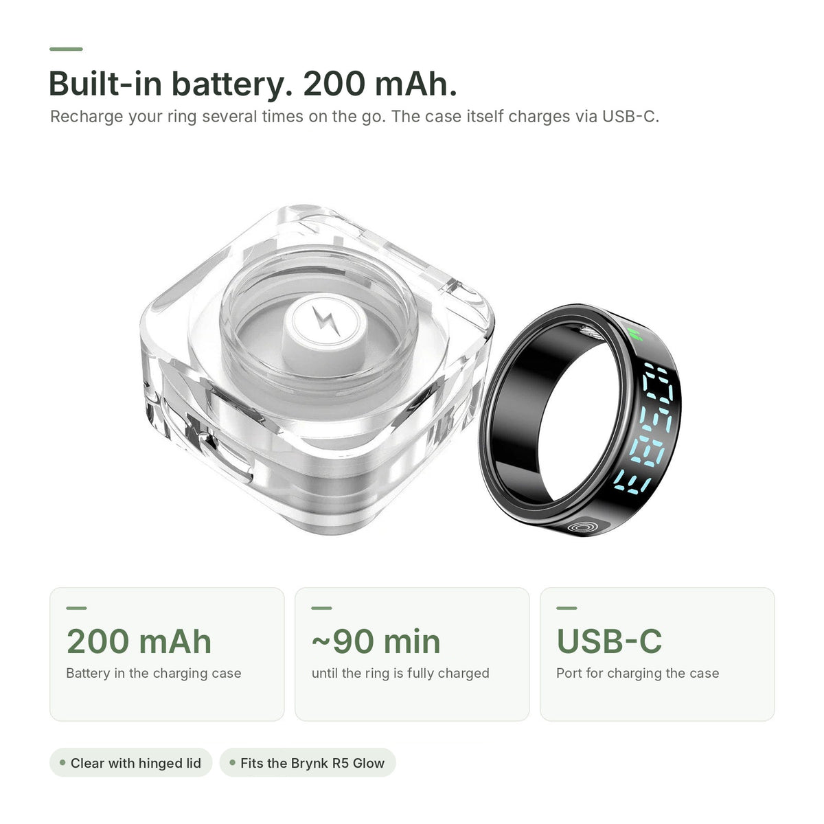 Charging case with its own 200 mAh battery next to the Brynk R5 Glow