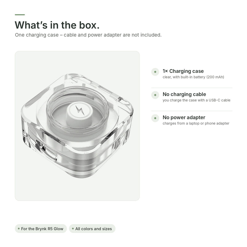 In the box: one charging case; no charging cable and no power adapter included