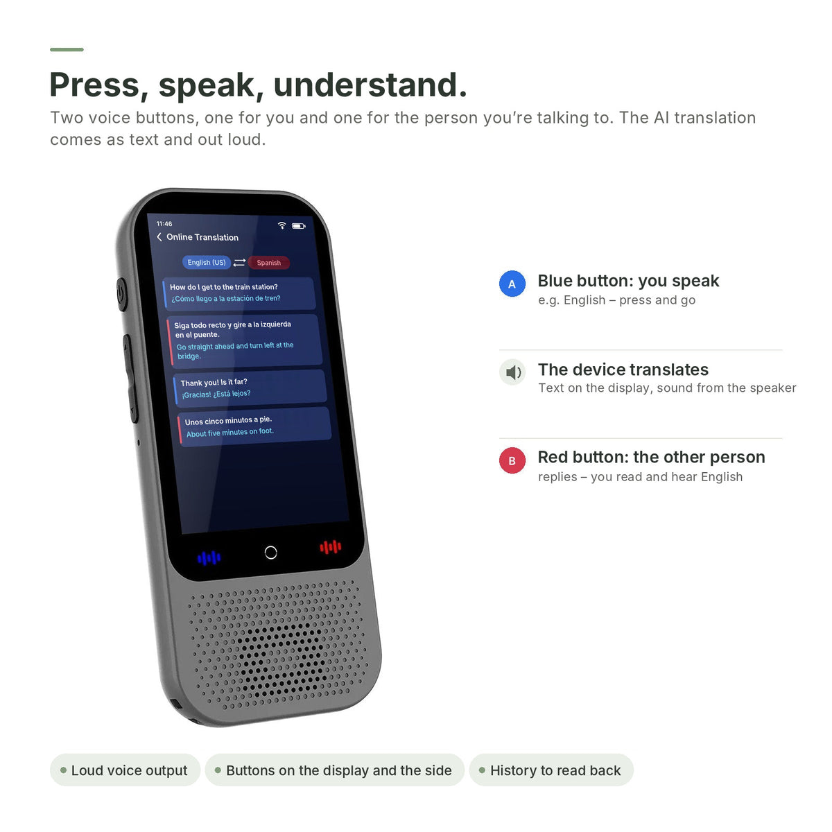 Translator with blue and red voice buttons and an English–Spanish conversation on screen