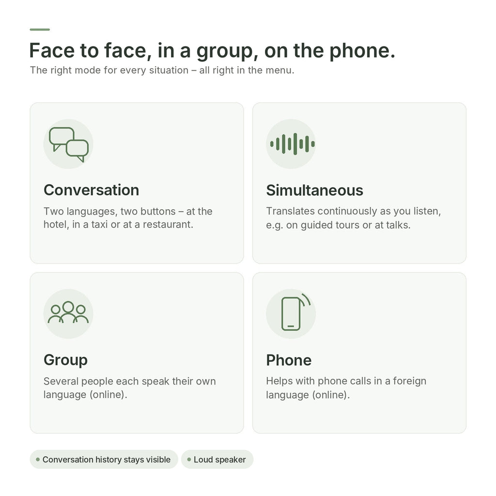 Four translation modes: conversation, simultaneous, group and phone