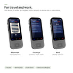 Three translators in use: photo translation of a menu at a restaurant, an online conversation on the go and a recorded tour at work