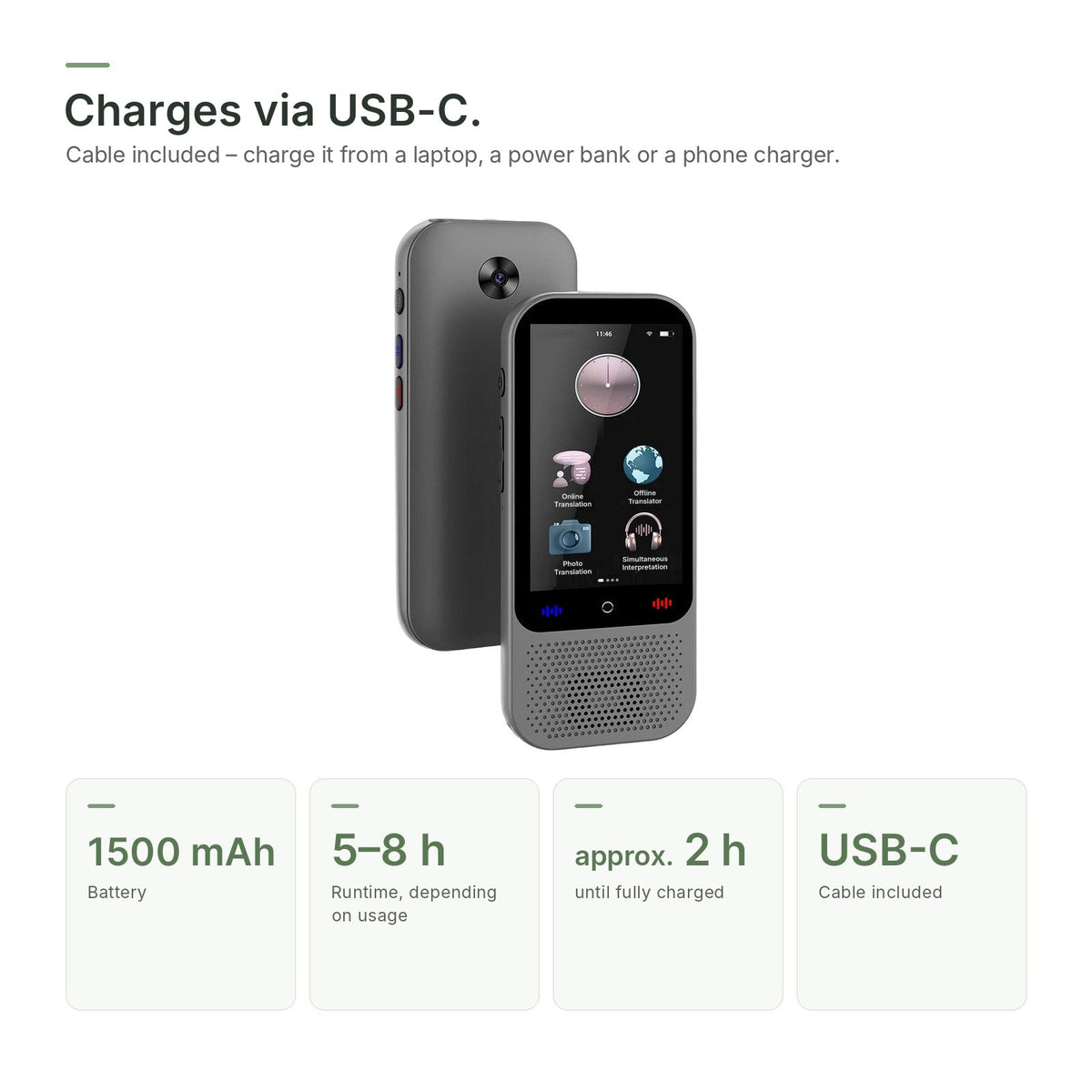 Translator charging via USB-C: 1500 mAh battery, 5-8 hours of use, about 2 hours to charge, charging cable included