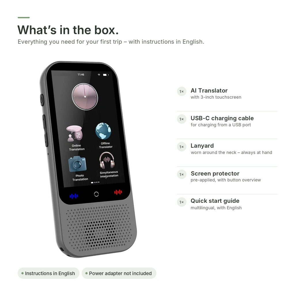 What's in the box: AI translator, USB-C charging cable, lanyard, screen protector and quick start guide