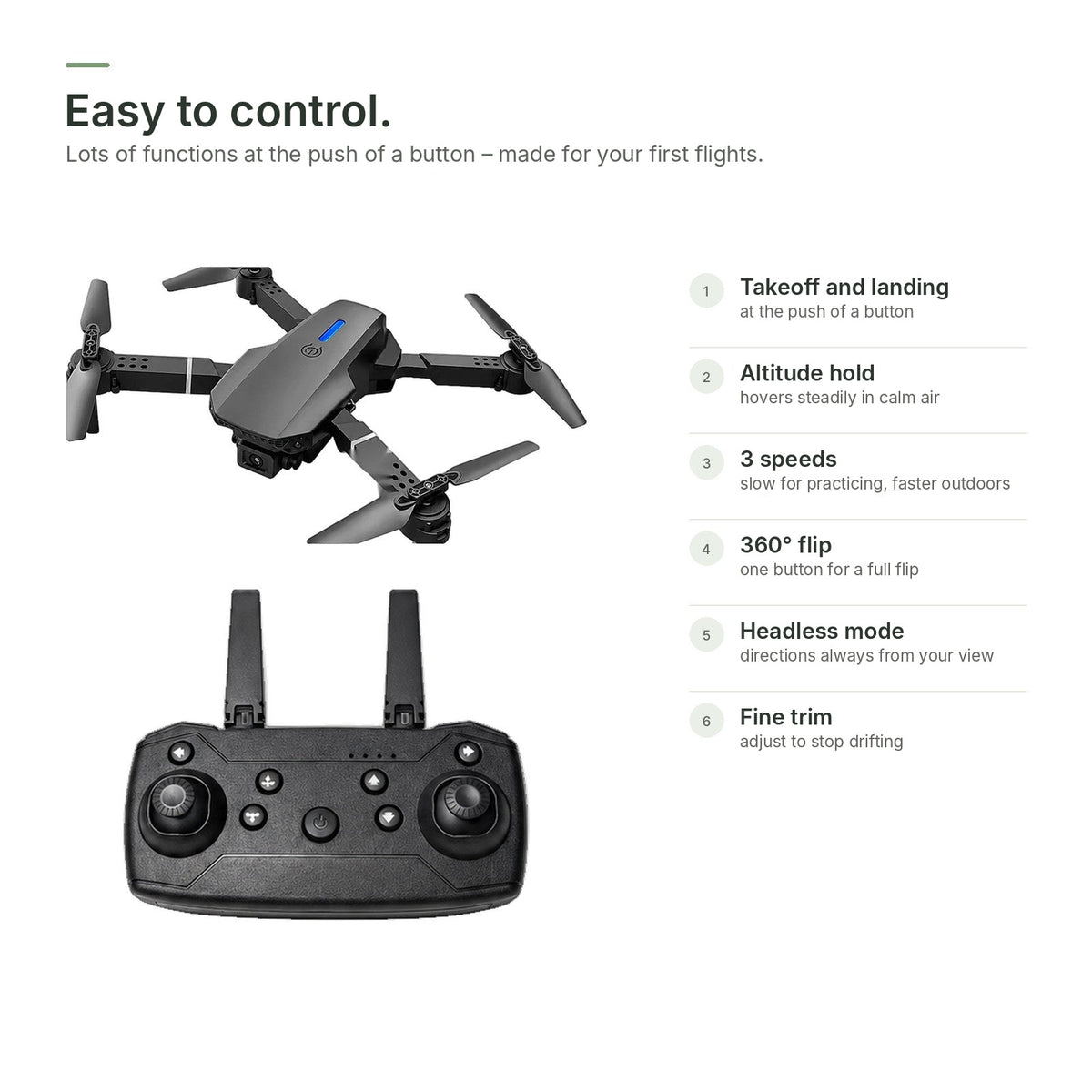 Brynk V5 Max with standard remote controller: one-button takeoff and landing, altitude hold, three speeds