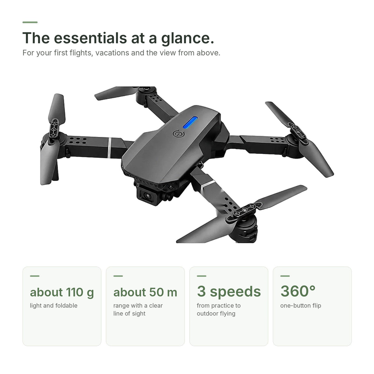 Brynk V5 Max at a glance: about 110 g, about 50 m range, 3 speeds, 360° flip