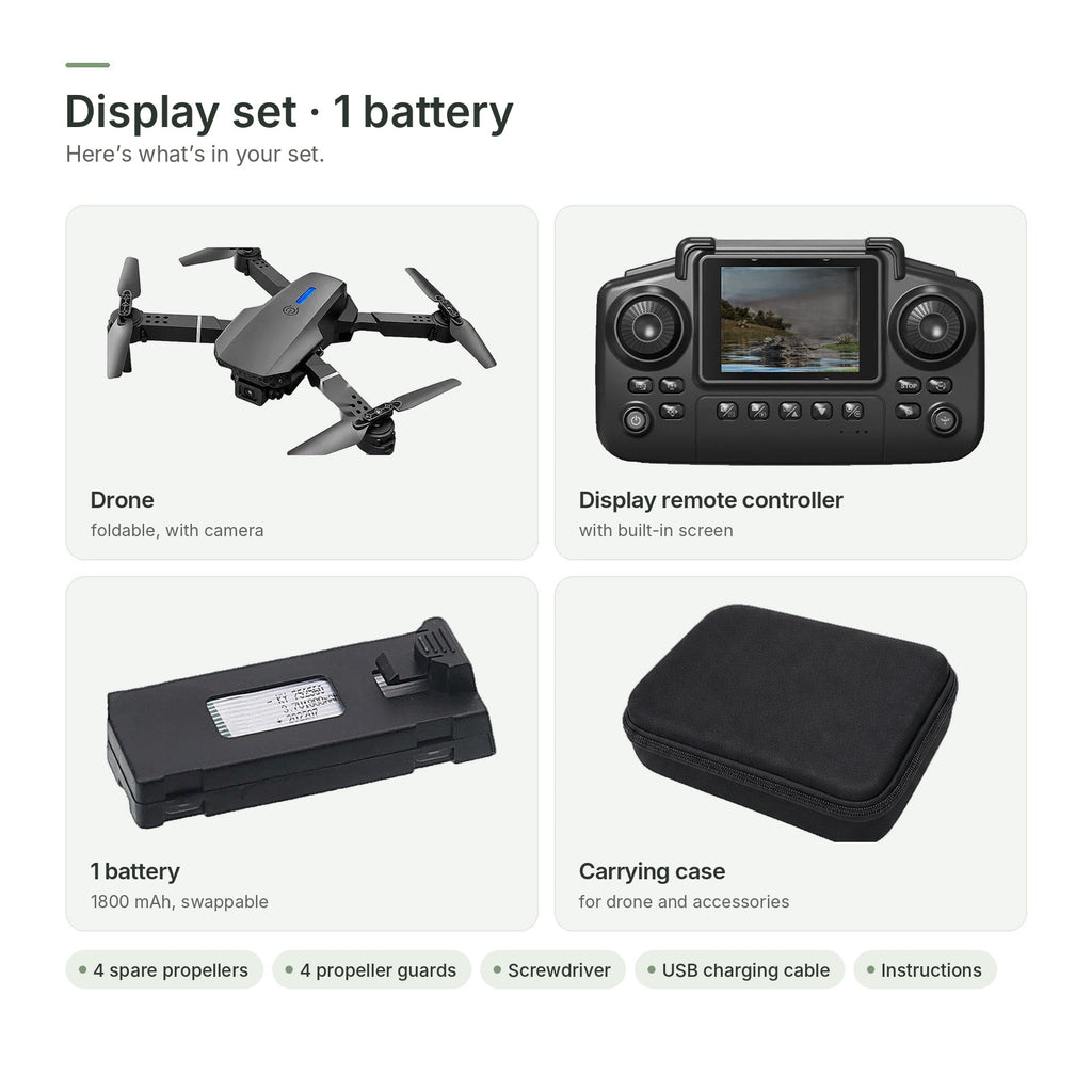 Display set · 1 battery: drone, display remote controller with built-in screen, 1 battery and carrying case