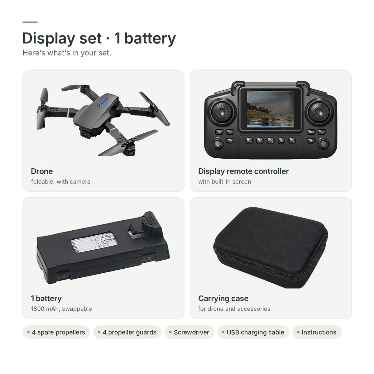 Display set · 1 battery: drone, display remote controller with built-in screen, 1 battery and carrying case