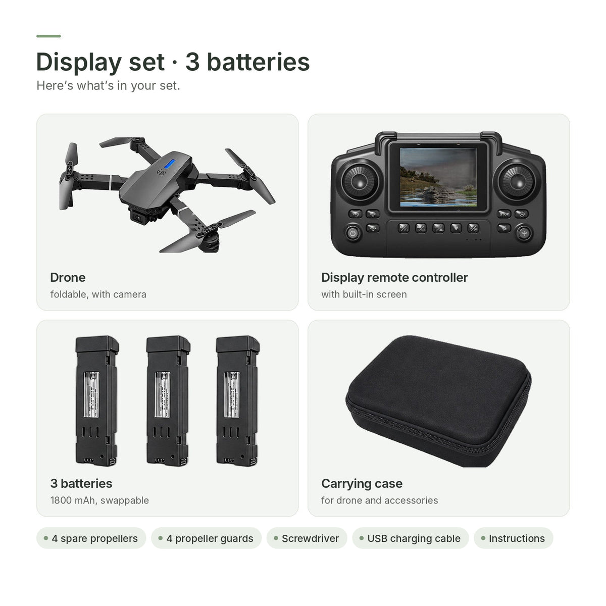 Display set · 3 batteries: drone, display remote controller with built-in screen, 3 batteries and carrying case