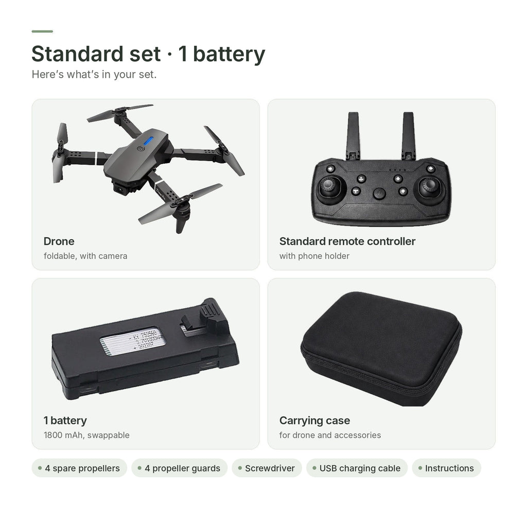 Standard set · 1 battery: drone, standard remote controller, 1 battery and carrying case