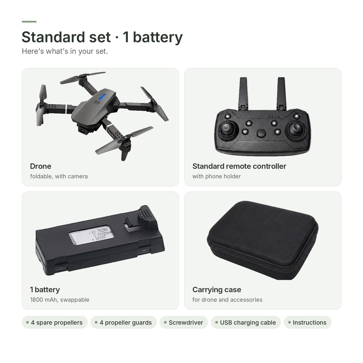 Standard set · 1 battery: drone, standard remote controller, 1 battery and carrying case