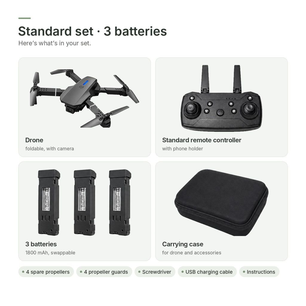 Standard set · 3 batteries: drone, standard remote controller, 3 batteries and carrying case