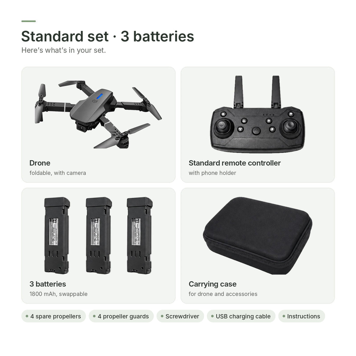 Standard set · 3 batteries: drone, standard remote controller, 3 batteries and carrying case