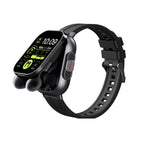 Brynk W4 Buds smartwatch in Black with the display flipped open and two earbuds underneath
