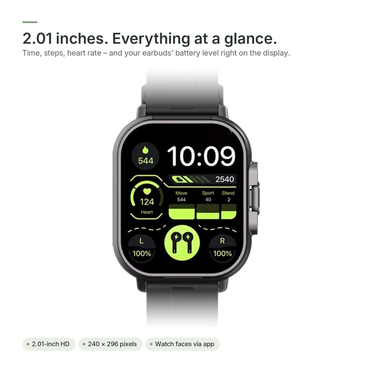 Brynk W4 Buds 2.01-inch display showing time, steps, heart rate and earbud battery level