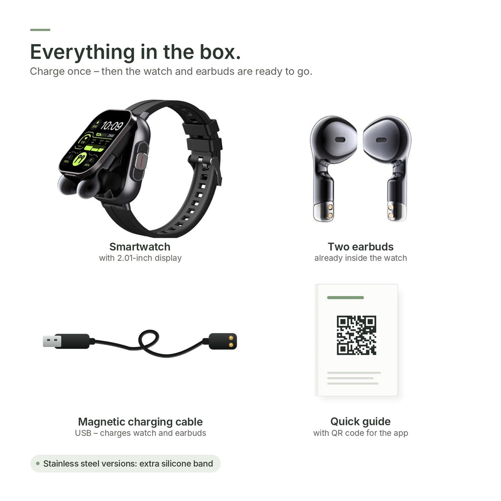 In the box of the Brynk W4 Buds: smartwatch, two earbuds, magnetic charging cable and quick guide