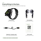 In the box of the Brynk W4 Buds: smartwatch, two earbuds, magnetic charging cable and quick guide
