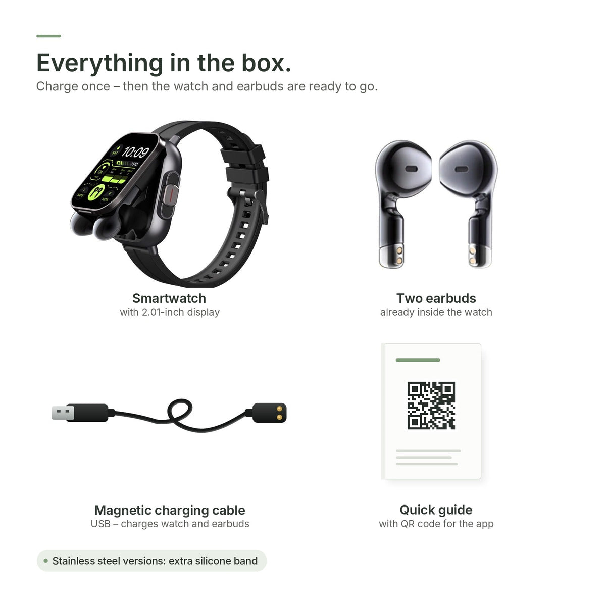 In the box of the Brynk W4 Buds: smartwatch, two earbuds, magnetic charging cable and quick guide