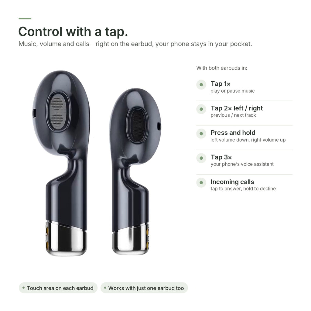 Touch controls on the Brynk W4 Buds earbuds: tap, double-tap, press and hold