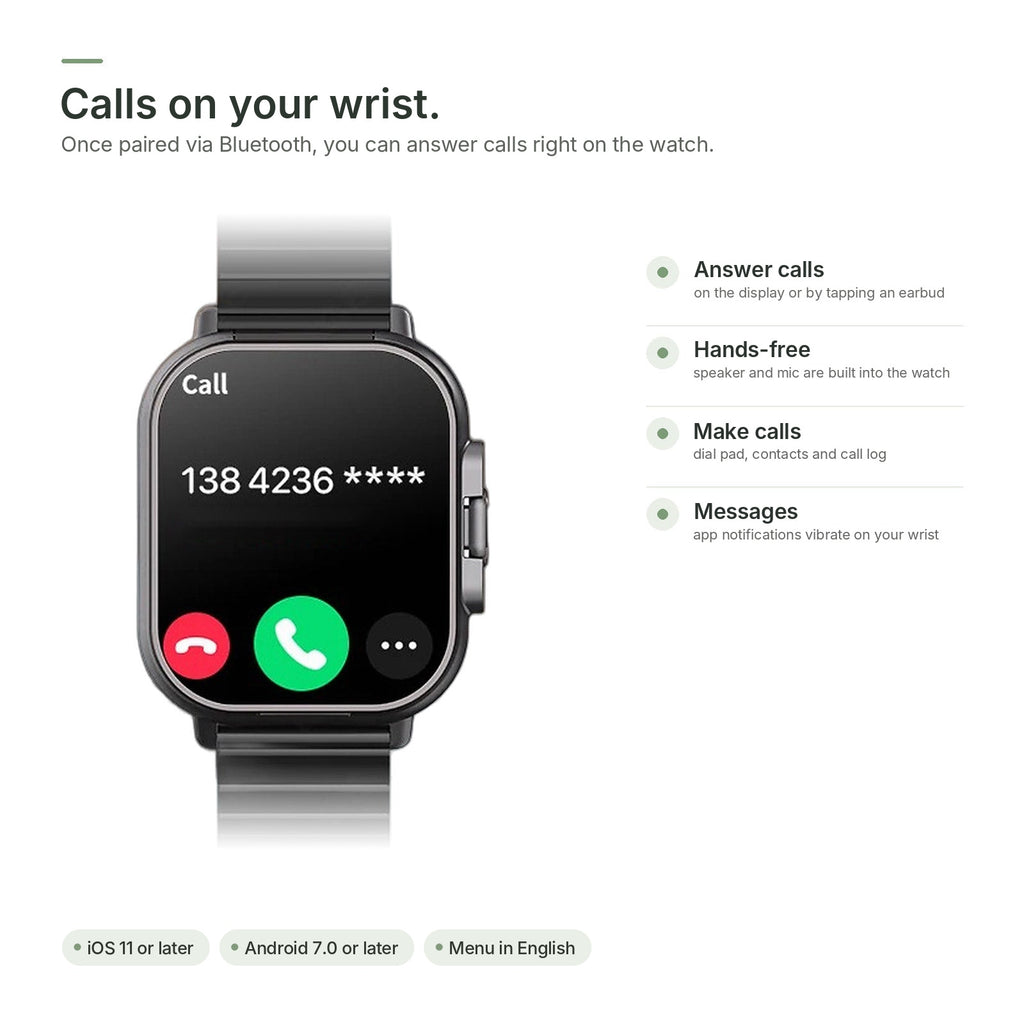 Brynk W4 Buds showing an incoming call – take calls on the watch or with the earbuds
