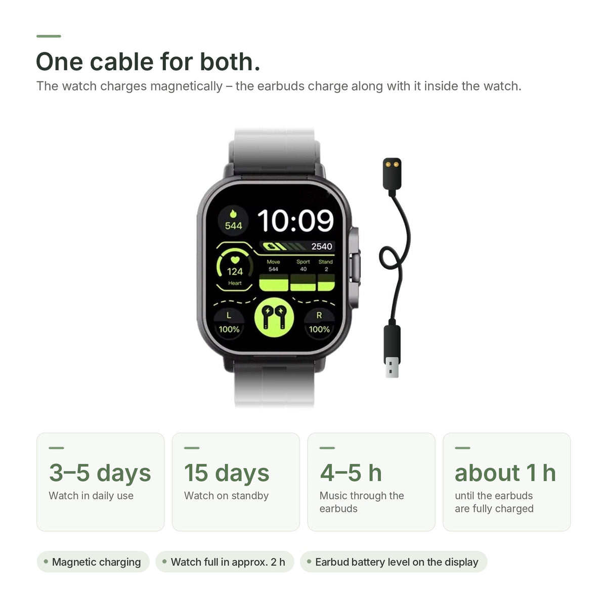 Brynk W4 Buds battery: 3–5 days on the watch, 4–5 hours of music, one magnetic charging cable