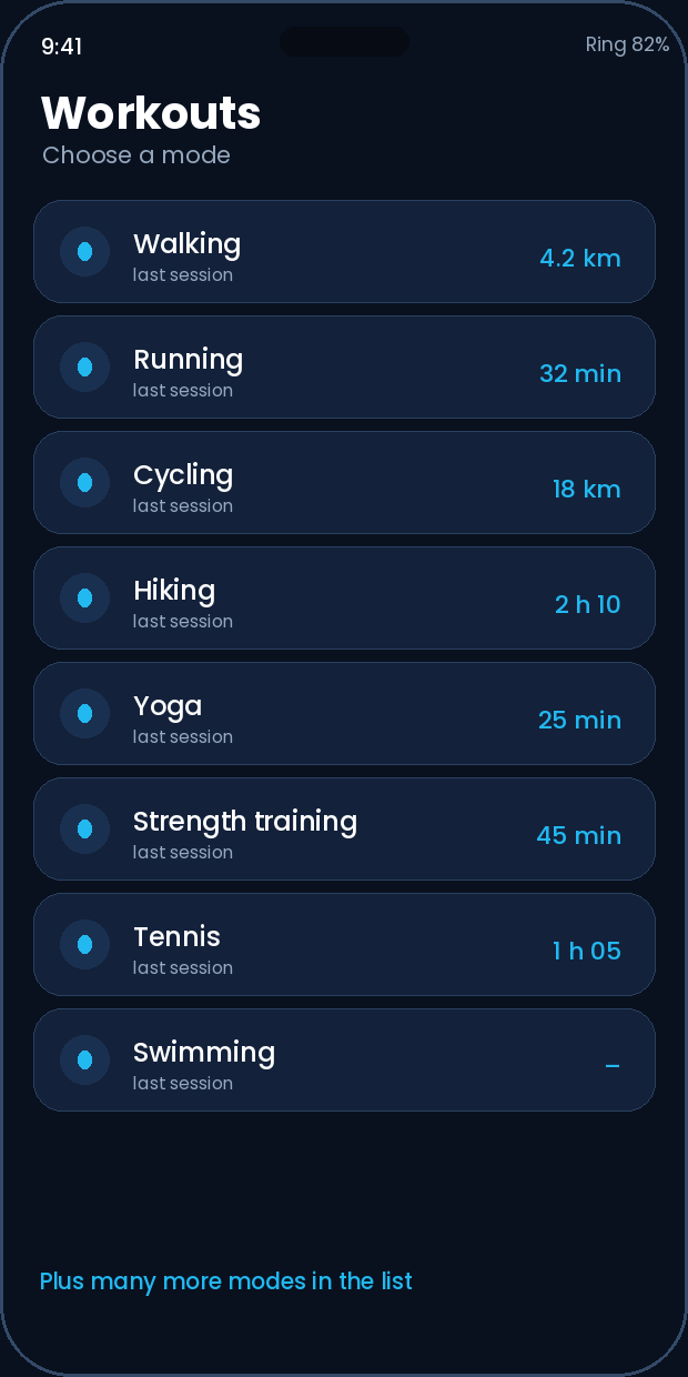 App screen: Sport modes